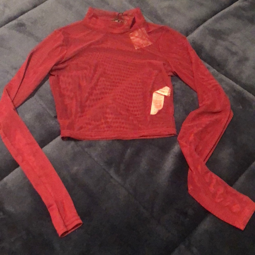 Sheer Red Boohoo Mock Neck Crop Top NWT